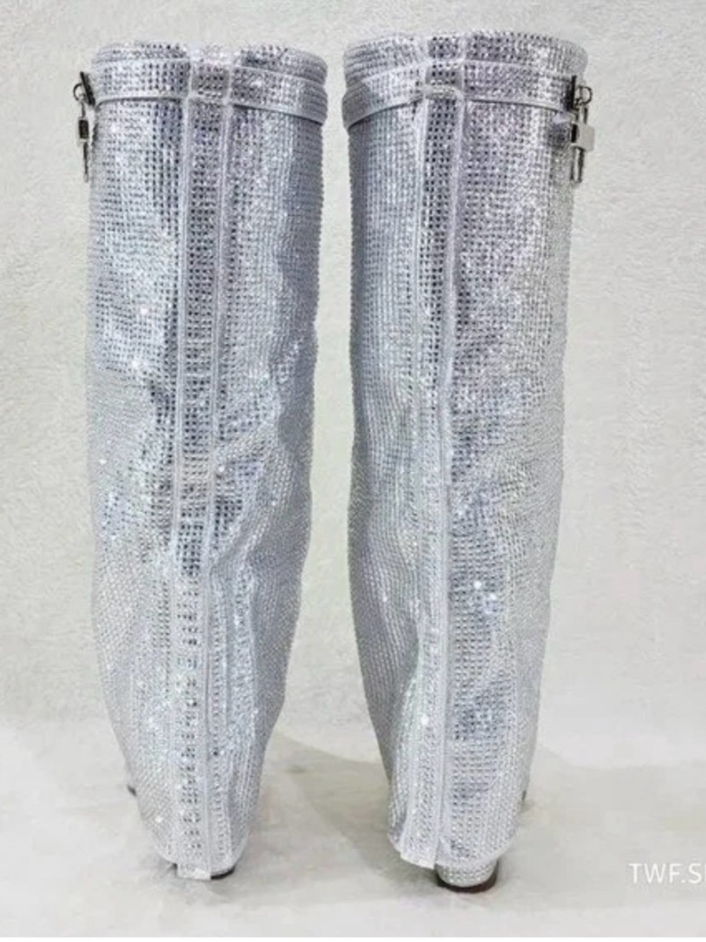 Women's Silver Sequin Knee-High Wedge Boots - Picture 3 of 7